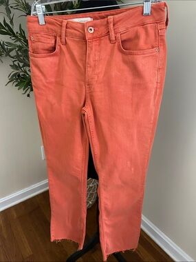 Pilcro Cropped Raw-Hem Jeans in Coral Orange